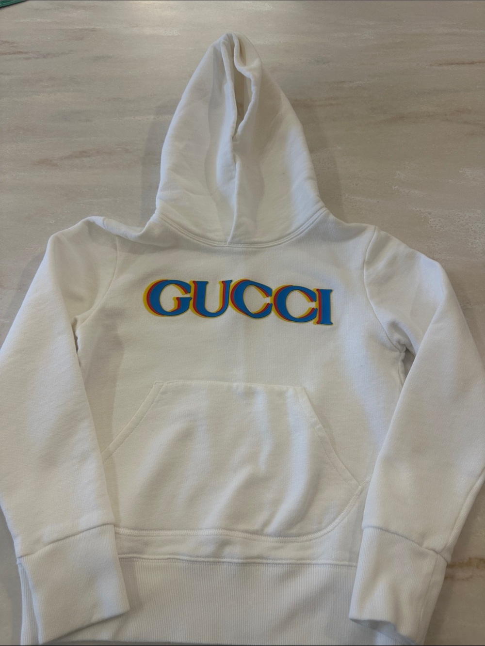 KIDS Gucci White Hoodie with Rainbow Outline Logo